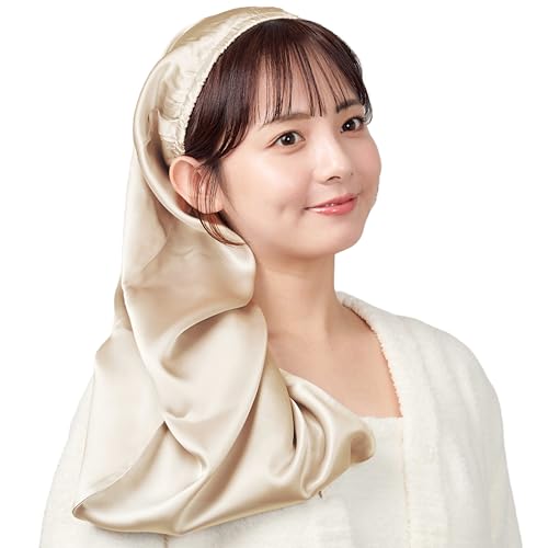 [Panus] シルク100% !! サラサラ神 朝まで脱落なし シルク ナイトキャップロング ナイトキャップ ロングヘア 枝毛 寝癖防止 保湿美髪 就寝用 産後用 誕生日 プレゼント (シャンパンゴールド, Free Size) 画像1