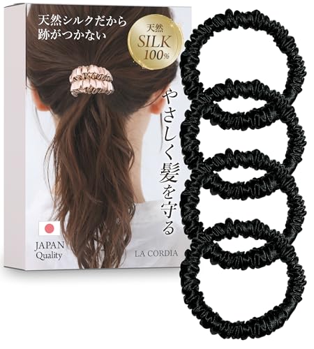 【髪も喜ぶ シルク 100％ 】 ヘアゴム あとがつかない 髪ゴム 《専門家監修》4点セット ゴム シュシュ 跡がつかない 黒 おしゃれ 細い 髪留め 大人 (アソートD) 画像1