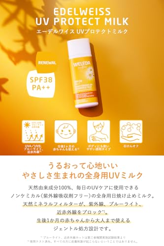【公式】【日本開発商品】 WELEDA(ヴェレダ) エーデルワイス UVプロテクトミルク 50mL SPF38 PA++ 日焼け止め 全身用 無着色 ノンケミカル 赤ちゃん 敏感肌 スキンケア 天然由来成分 オーガニックの特徴・詳細 画像
