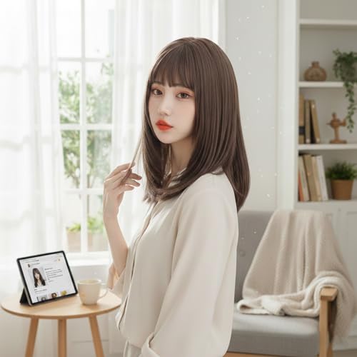 FINGOOO ウィッグ ミディアム ストレート 黒髪 セミロング フルウィッグ カツラ かつら wig 女性 女装 ロリータ コスプレ 小顔 自然 耐熱 人工毛 ネット付き (セミロング アッシュブラウン)の特徴・詳細 画像