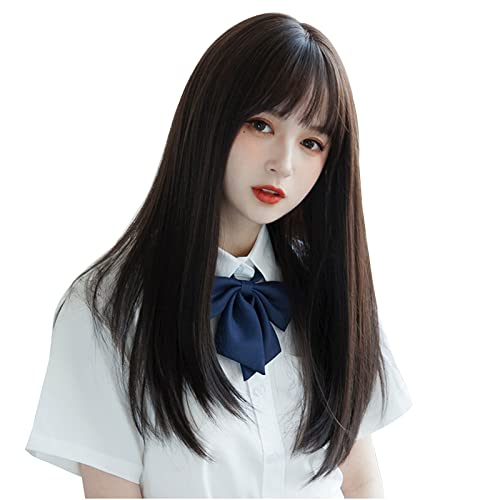 Villo ウィッグ ロング ストレート ウイッグ セミロング 黒髪 女装 フルウィッグ ロリータ コスプレ かつら wig 小顔 自然 耐熱 ネット ギフト ボックス 付（黒茶） 1
