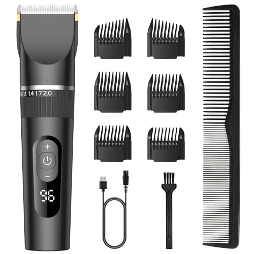 バリカン 2025新登場 USB充電式 ヘアーカッター 電動バリカンメンズ IPX7防水 5段階刈り高さ調節 3段階スピード LEDディスプレイ 大容量バッテリー 自動研磨 6種類ガイドコーム 低騒音 コードレス 子供 家庭用 散髪用 業務用 セルフカット 坊主 ツーブロック 軽量の外観・全体像 画像
