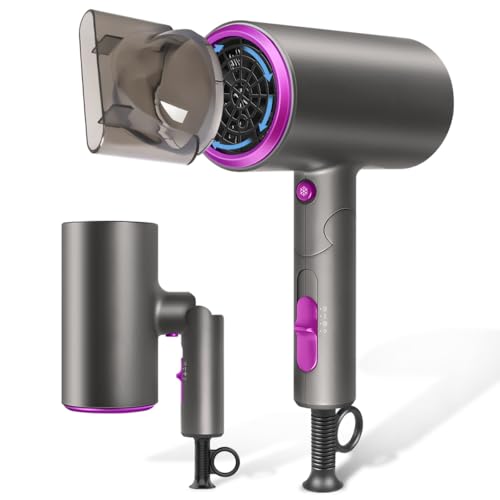 ドライヤー【2026年進化モデル】大風量 速乾 超軽量 折り畳み式 携帯ドライヤー マイナスイオン 3段階風量 小型 ノズル付き 過熱防止機能あり 家庭用/サロン用/旅行用 PSE認証済み (Dark Gray)の外観・全体像 画像