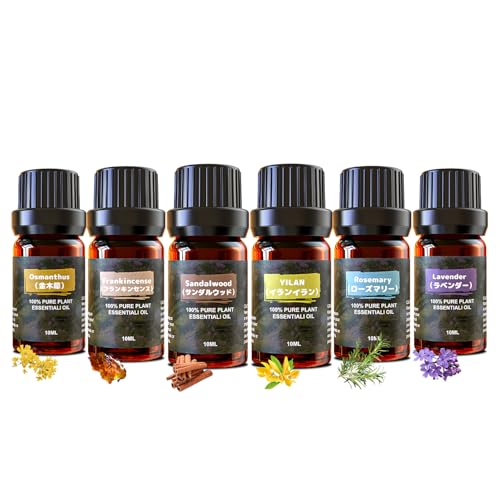アロマオイル 6種セット ナチュラル 精油 エッセンシャルオイル アロマディフューザー用 アロマストーン用 加湿器用(ラベンダー/サンダルウッド/金木犀/フランキンセンス/ローズマリー/イランイラン) 1