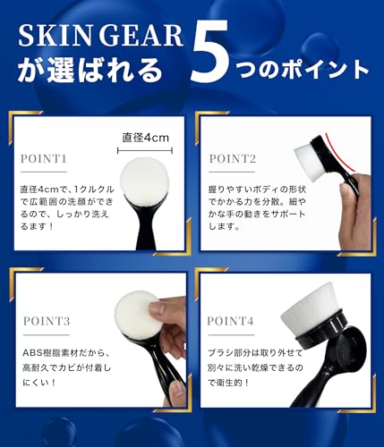 【美容外科医監修】SKIN GEAR 男性のための洗顔ブラシ 極細毛 クレンジング 男性肌 黒ずみ 加齢臭 角栓 毛穴ブラシ 洗浄 フェイスウォッシュ 濃密泡 スキンケア (本体)の特徴・詳細 画像