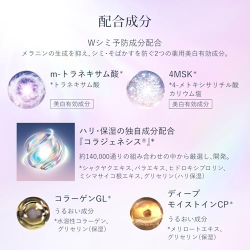 エリクシール 乳液 ブライトニング エマルジョン みずみずしいタイプ ca [2026年モデル] 本体 130mL 医薬部外品 美白 透明感 シミ予防 ハリ うるおい エイジングケア コラジェネシス m-トラネキサム酸 4MSK ホワイト ELIXIRの特徴・詳細 画像