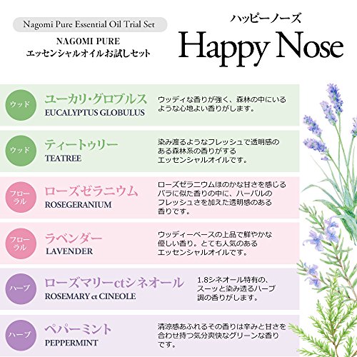 アロマオイル エッセンシャルオイル お試しセット (ハッピーノーズ) 5mlx6本 アロマ 天然 精油 NAGOMI AROMAナゴミアロマ 【AEAJ表示基準適合認定精油】 ユーカリグロブルス ティートゥリー ローズゼラニウム 真正ラベンダー ローズマリーctシネオール ペパーミントの詳細・まとめ 画像