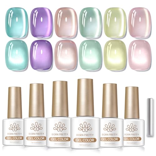 BORN PRETTY 春夏向け キャッツアイマグネットジェルネイル 6色セット ラメ・シャイマー入り ピンク グリーン パープル クリスタルガラス マグネットジェル UV/LED対応 ネイルアート 自宅DIY用 7mlの外観・全体像 画像