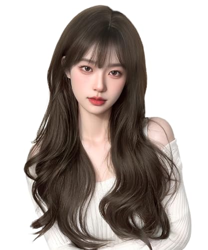 Aisiqueensウィッグ ロング 巻き髪 フルウィッグ カール ウェーブ 茶髪 かつら wig 女装 レディース ファッションウィッグ ロングヘアー 小顔 耐熱 人気 ぱっつん 原宿系 アッシュブラウン 1