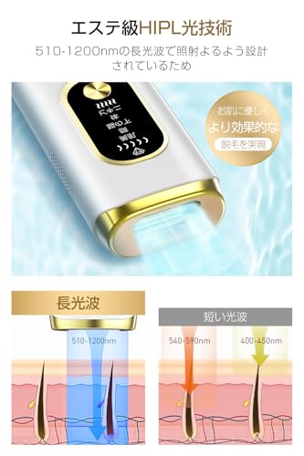 脱毛器 VIO対応 【サファイア冷却搭載 低刺激】 HIPL光美容器 全身ケア メンズ レディース対応 髭・ワキ・腕・VIO対応 21Jハイパワー 5モード 手動/自動照射 照射回数無制限 家庭用 サロン級ムダ毛ケア 保護サングラス付 簡単操作 男女兼用 日本語説明書付 ギフト (ゴールド)の特徴・詳細 画像
