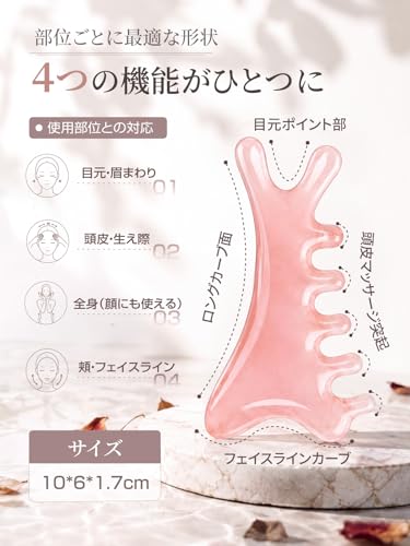 Rena Chris 4in1 多用途かっさ カッサ かっさプレート 顔 ボディ用 頭皮マッサージ ツボ押し フェイスラインすっきり スキンケア 自宅エステ 専用収納袋・説明書付き ギフトに最適 ピンクの特徴・詳細 画像